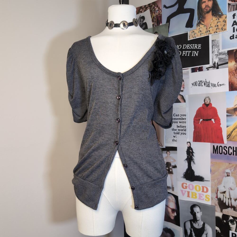Short Sleeve Cardigan with Floral Applique Boho